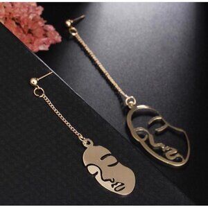 Abstract Gold Face Line Earrings | Mismatched Modern Art Dangle Drop Earrings |